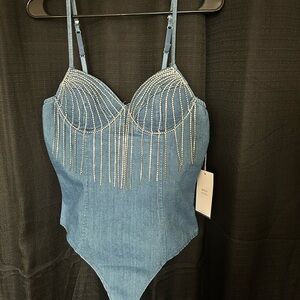 Denim Blue Bodysuit with Silver Accents